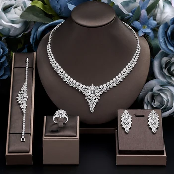 2023 Népszerű 4 részes menyasszonyi cirkónium teljes szett női parti ékszerek, luxus Dubai Nigéria CZ luxus kristály esküvői nyaklánc szett