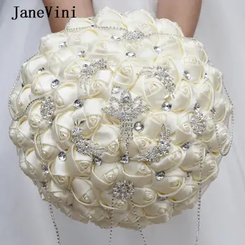 JaneVini 30CM Elefántcsont esküvői csokrok Gyémántok Bojtok Műszatén rózsák Menyasszonyi bross csokor Virágok Műcsokor De Fleur