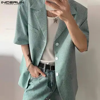 2024 Férfi kockás blézer hajtóka hosszú ujjú gomb alkalmi öltönyök férfi utcai ruházat koreai stílusú divat szabadidő vékony kabátok S-5XL INCERUN