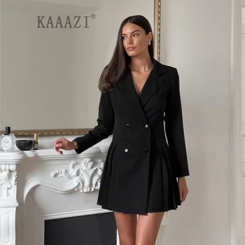 KAAAZI Fashion Elegant lehajtható gallér Slim Long Sleeve Pliszírozott rövid ruha A-line Office Ladies Solid New Chic Mini Dress