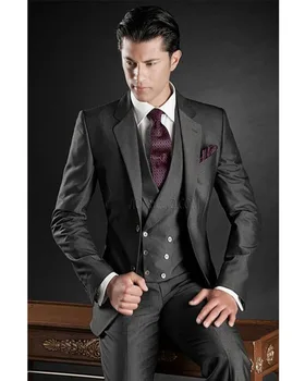 Új divat sötétszürke úriember Hivatalos üzleti vőlegény esküvői férfi öltönyök Tömör blézer öltönyök férfiaknak 3 darab (kabát+nadrág+mellény)