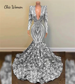 Custom ezüst sellő báli ruha szexi V nyakú hosszú ujjú estélyi ruhák 3D virágos fekete lányok Senior születésnapi hivatalos partiruhák