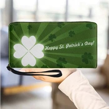 Szent Patrik napja Lucky Shamrock női pénztárca Irish Day zöld téma PU bőr lányok pénztárcája hordozható utazás hosszú női pénztárcák