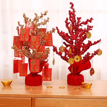 Kínai újévi szerencsefa dísz kreatív mesterséges piros gyümölcs váza Kínai stílusú pénzfa dísz otthoni asztali dekoráció