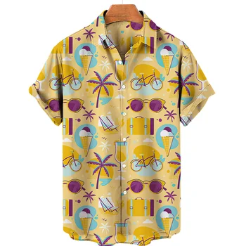 Nyári férfi ing fagylalt nyomat rövid ujjú aranyos mintás póló hajtóka gombos ing férfiaknak laza alkalmi ruházat hawaii