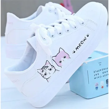 Női tornacipők Nyári Pu cipők Divat Fűzős női sportcipők Alkalmi cipők Nyomtatott aranyos macskavászon Nagy méretű fehér táblacipők