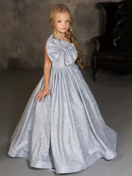 Csillogó szatén hercegnő virág lány ruhák egy váll hosszú ezüst gyermek esküvői parti születésnapi ruha masni elsőáldozási ruha