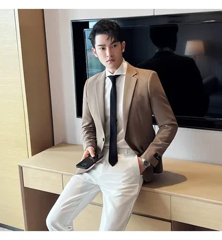 High-end férfi üzleti alkalmi blézer karcsú koreai stílusú luxus elegáns öltönykabát fekete sárgabarackbarna egyszínű férfi blézer