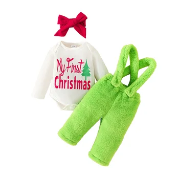 Újszülött kislány 1. karácsonyi ruhám hosszú ujjú levél Romper Fuzzy harisnyatartó nadrág fejpánt 3db szett