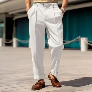 Megerősített zsebvarrások Nadrág Egyszínű férfi nadrág Stílusos férfi öltöny nadrág Kényelmes derékközép Széles láb formális