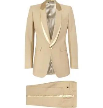 Legújabb kabát nadrág minták Tan Khaki férfi öltöny vőlegény esküvői ruhák Prom Blazer Slim Fit 2 részes egyedi vőlegény Tuxedo Terno Masculino