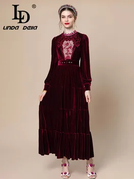 LD LINDA DELLA Őszi téli vintage ruha Női bor piros Dombornyomott üreges öv lépcsőzetes fodros toldás Draped vastag hosszú ruha