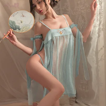 Kínai jelmezek Klasszikus kék Hanfu szexi fehérnemű S puszta cosplay Ősi erotikus hálóruha öltöny hímzett harisnyatartó szoknya