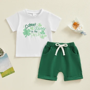 Kis haver kisfiú ruhák betűs rövid ujjú póló rugalmas rövidnadrág készlet Szent Patrik napi kisgyermek ruhák