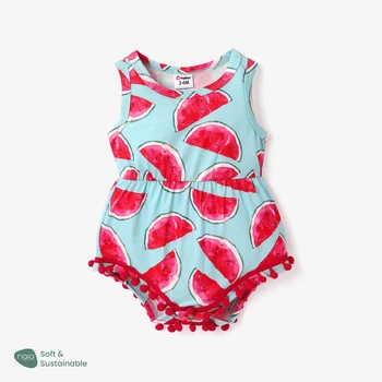 PatPat Naia™ Baby Girl Pom Poms Detail Allover görögdinnye Print Tank Romper