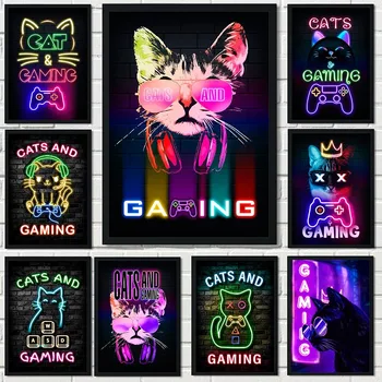 Macskák és játékok poszter Neon hatású poszter nyomtatás vászonra játék játékos vászon festés játszószoba fiú szoba fali dekoráció falfestmény keret nélküli