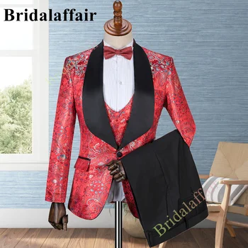 Menyasszonyi férfi piros öltönyök Slim Fit Jacquard virágmintás esküvői szmokingruha férfiaknak 3db blézerdzseki mellény nadrág jelmez