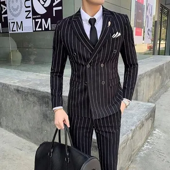 Elegáns fekete férfi öltönyök Blazer dupla mellű csúcshajtóka csíkos formális 2 részes kabát nadrág Luxus jelmez üzlet Teljes készlet