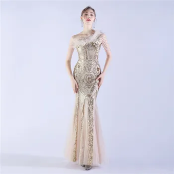 Gyönyörű arany flitterek sellő formális estélyi ruha egyvállas tollas gyöngyfűzés luxus nők esküvői parti báli ruhák