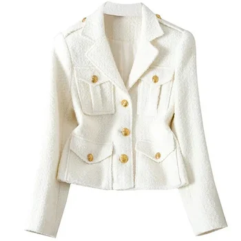 Divat fehér öltöny gallér Kis illatos kabát Kiváló minőségű tweed kabát Fekete gyapjú kabát Slim Fit elegáns női felső 2022