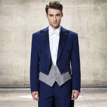Tuxedo elegáns formális férfi öltönyök blézer kék dupla mellű csúcsos hajtóka háromrészes kabát nadrág mellény esküvői hombres jelmez