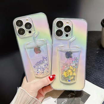  Lézeres színátmenetes csillogó 3D citromos tejes teáscsésze futóhomok folyékony telefontok iPhone 14 15 11 12 13 Pro Max objektív ütésálló burkolatához