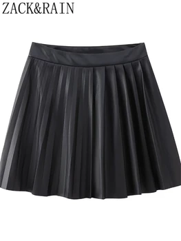 ZACK RAIN női fekete redős miniszoknyák 2023 őszi vintage hölgyek magas derékú bőrszoknya utánzat női elegáns alsók