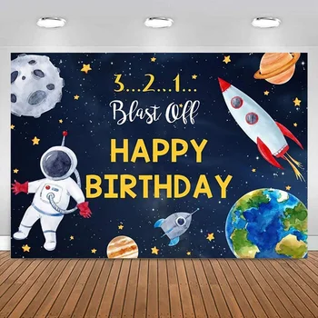 A Hold Boldog születésnapot háttér fiú számára Világűr rakéta Űrhajós bolygó galaxis háttér Gyerek fotózás Banner dekoráció