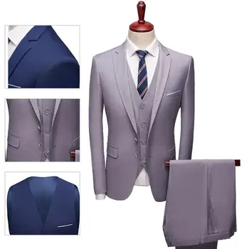 Suit Set puha üzleti öltöny 3 részes készlet A Slim Fit formális öltöny elválasztja a mesés hosszú ujjú férfi öltönyt zsebekkel a munkához