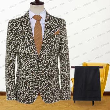 2023 Divat Új férfi alkalmi butik üzlet Leopárd nyomtatott csúcshajtókás ruha esküvői vőlegény öltöny öltöny 2 részes készlet (dzseki + nadrág)