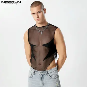 2023 Férfi bodyk Hálós patchwork átlátszó O-nyakú ujjatlan szexi tankfelsők Streetwear Divat férfi bodyk INCERUN S-3XL