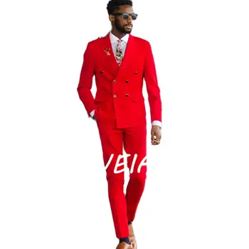 Dupla mellű vörös férfi öltönyök Slim Fit vőlegény esküvői szmokingos csúcsos hajtóka 2 részes férfi divatkabát nadrággal Legújabb stílus