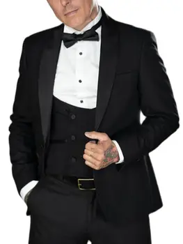 Dzseki nadrág Mellény egyedi gyártású 3db kendő hajtóka blézer nadrág Fekete férfi öltöny szett esküvői parti viselet férfi kabát+nadrág+mellény