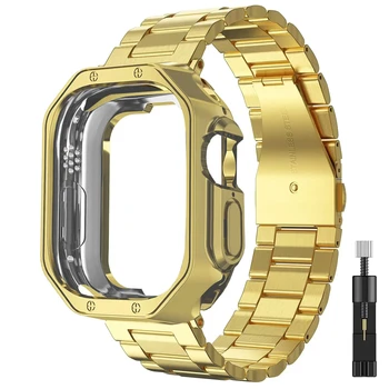 Arany karkötő Apple Watch Ultra Strap 49mm 45mm 44mm rozsdamentes acél szíj és páncél TPU tok iWatch 9 8 7 41mm SE 6 40mm