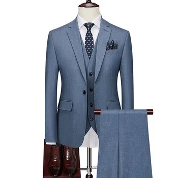 Dzseki+Mellény+Nadrág / 2023 Kiváló minőségű férfi karcsú öltöny Hivatalos üzleti vőlegény esküvői társasági ruha Kék szürke High-end alkalmi szmokingok
