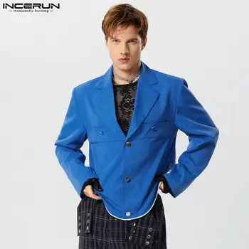 INCERUN felsők 2023 Amerikai stílusú jóképű új férfi ívelt szegélyű design öltönykabátok alkalmi divat tömör hosszú ujjú blézer S-5XL