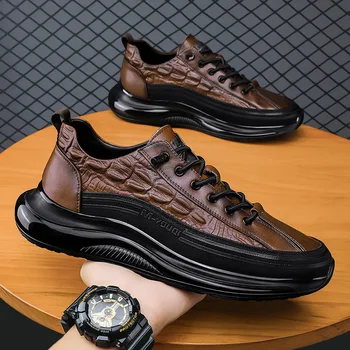 Kültéri férfi gyaloglás vulkanizált cipők PU bőr kocogó tornacipők Aligátor mintás alkalmi cipők Férfi platform Fűzős edzőcipők