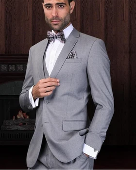 Vőlegény esküvői szett világosszürke blézer nadrág esküvői férfi öltönyök 3db (dzseki + nadrág + mellény + nyakkendő)Slim Fit szalagavató party viselet ruhák