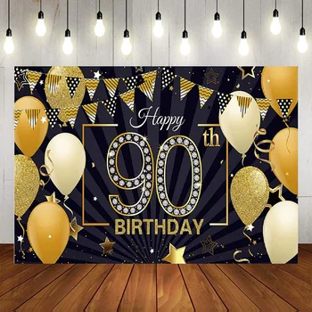 90. Banner fotózás Háttér Fekete arany léggömbök Korona konfetti Éljenzés 90 éves dekoráció Évforduló háttér Fekete arany