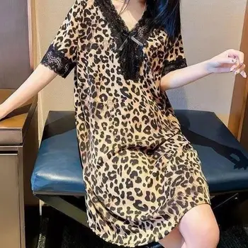 Nyári női V-nyakú csipke leopárd masni hálóruha laza otthoni ruha