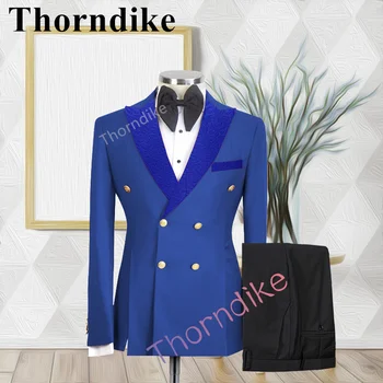 Thorndike férfi öltöny szett Jacquard gallér esküvői vőlegény öltöny 2db dupla mellű öltöny kabát és nadrág szett kék alkalmi szmokingblézer