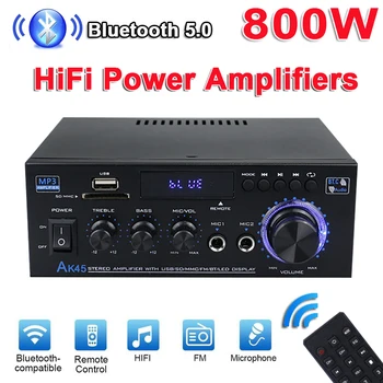 AK45 800W otthoni digitális erősítők Audio Bass Audio Power Bluetooth erősítő Hifi FM zenei mélynyomó hangszórók USB SD mikrofon bemenet