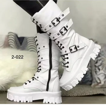 2023 Tél Új női cipők Divat Középvádli női csizmák Fűzős cipzáras platform Sarok Női cipők Térdig érő csizma Botas Mujer