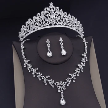 Luxus ezüst színű menyasszonyi ékszer szettek nőknek Tiaras nyaklánc szettek Party esküvői ruha korona ékszer szett lányoknak