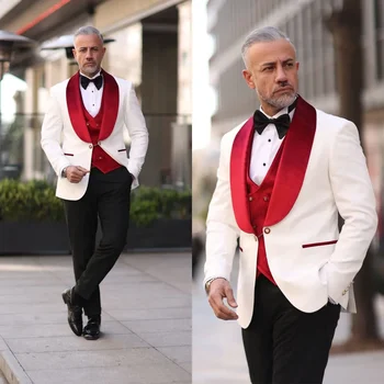 Vörös fehér férfiak esküvői szmokingok bársony kendő hajtóka férfi szmokingok ruhák üzleti formális viselet kabát nadrág öltönyök 3 részes