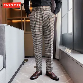 Brit férfi magas derekú üzleti ruha, nadrág, divatos alkalmi nadrág, férfi őszi új kis kockás alkalmi nadrág 29-36