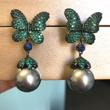 Bilincolor szürke gyöngy és zöld pillangó fülbevaló nőknek