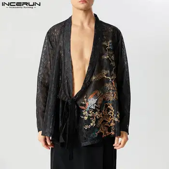Divat Clubwear stílusú felsők INCERUN férfi átlátszó csipke etnikai ingek szexi patchwork mintás hosszú ujjú kardigán blúz S-5XL