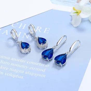 Trendi nők 925 Ezüst tűs fülbevaló Kék cirkon Finom intarzia Természetes kő Hook Dangle fülbevaló nőknek Esküvői ékszerek