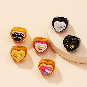 Akrilgyanta aranyos szívgyűrűk tizenéves egirls számára fekete szerelmi signet vaskos vicces gyűrűk műanyag kawaii harajuku stílusú Y2K ékszerek